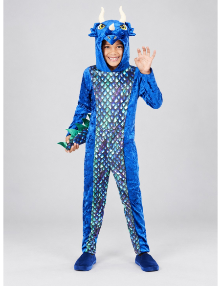 Déguisement dinosaure bleu enfant avec capuche face