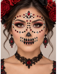 Bijoux visage Día de los Muertos rouges, noirs et argentés – Moon Terror