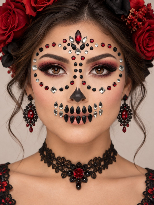 Bijoux visage Día de los Muertos rouges, noirs et argentés – Moon Terror