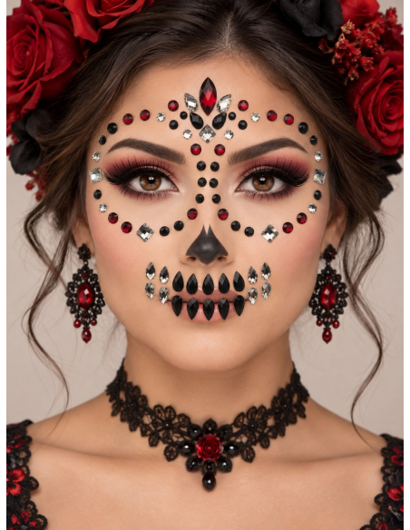 Bijoux visage Día de los Muertos rouges, noirs et argentés – Moon Terror