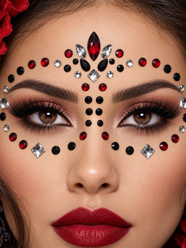 Bijoux visage Día de los Muertos rouges, noirs et argentés – Moon Terror