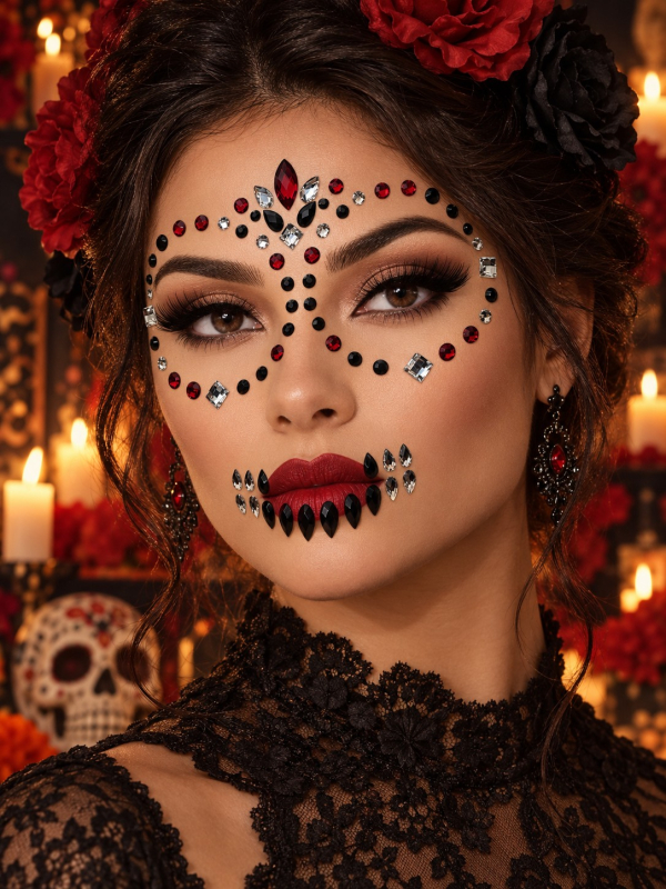 Bijoux visage Día de los Muertos rouges, noirs et argentés – Moon Terror