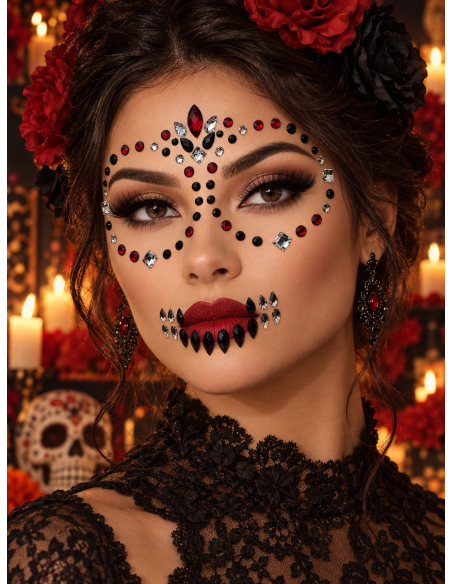 Bijoux visage Día de los Muertos rouges, noirs et argentés – Moon Terror
