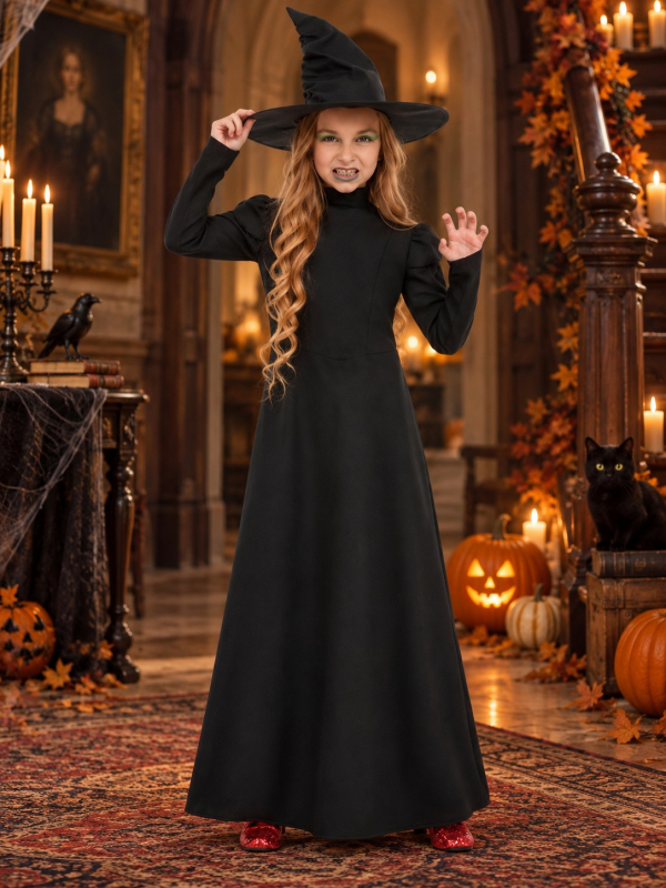 Déguisement sorcière noire fille – Robe longue et chapeau Smiffys