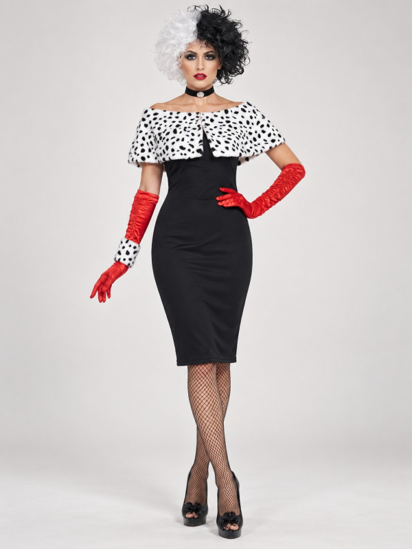 Déguisement Cruella femme noir, blanc et rouge