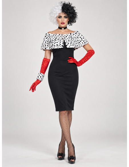 Déguisement Cruella femme noir, blanc et rouge