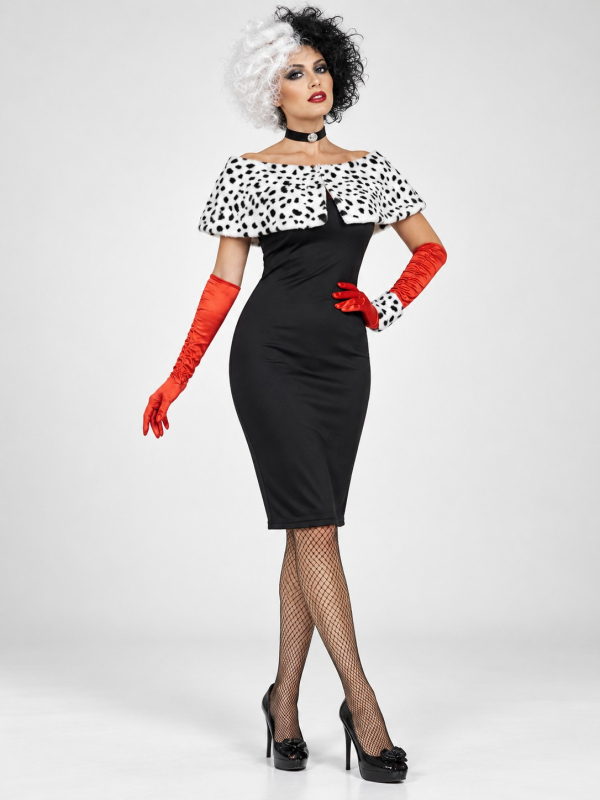 Déguisement Cruella femme noir, blanc et rouge