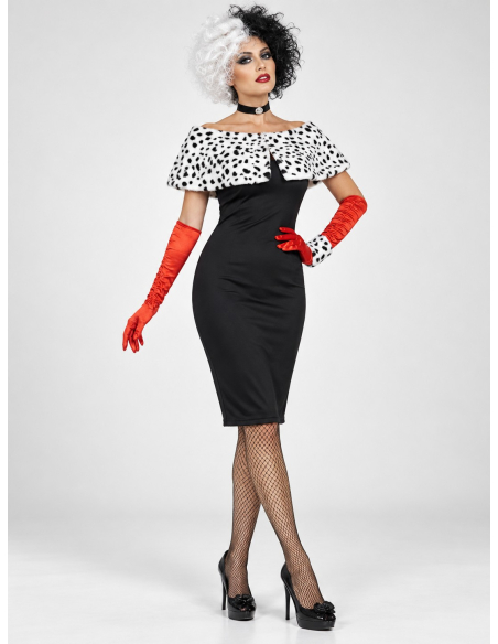 Déguisement Cruella femme noir, blanc et rouge