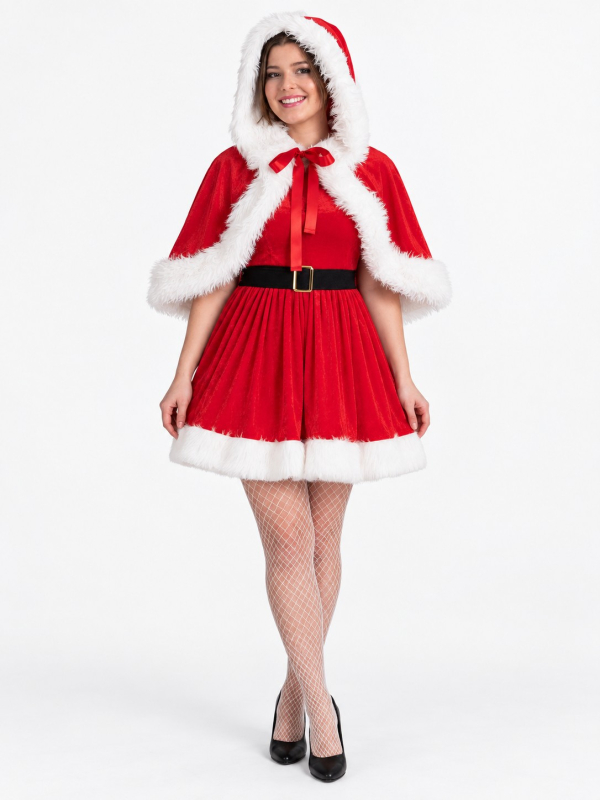 Cape Mère Noël rouge à capuche pour femme