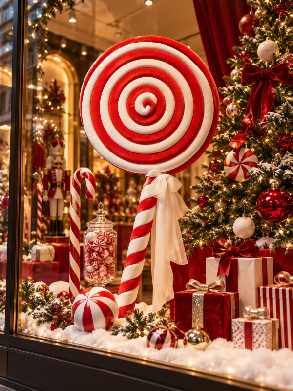 Grande sucette Noël Peppermint 140 cm rouge et blanche en décor professionnel