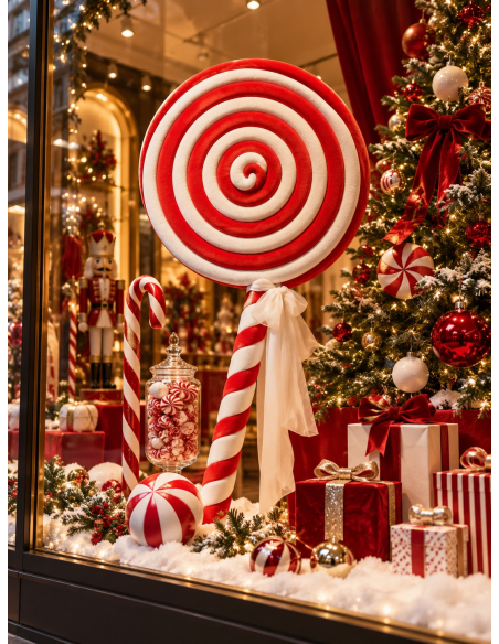 Grande sucette Noël Peppermint 140 cm rouge et blanche en décor professionnel