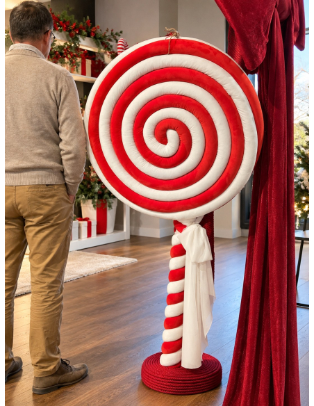 Sucette géante de Noël 140 cm rouge et blanche – décoration vitrine professionnelle