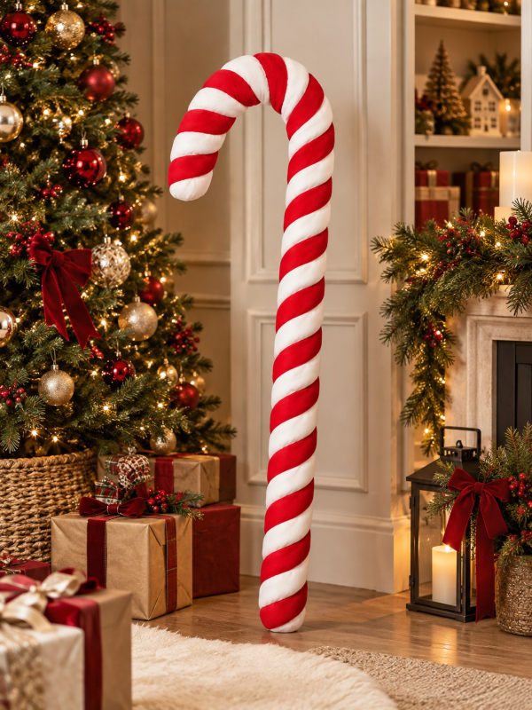 Sucre d’orge géant de Noël 130 cm rouge et blanc – décoration vitrine devant une porte