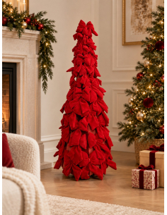 Sapin de Noël nœuds velours rouges 120 cm – cône métal habillé de nœuds