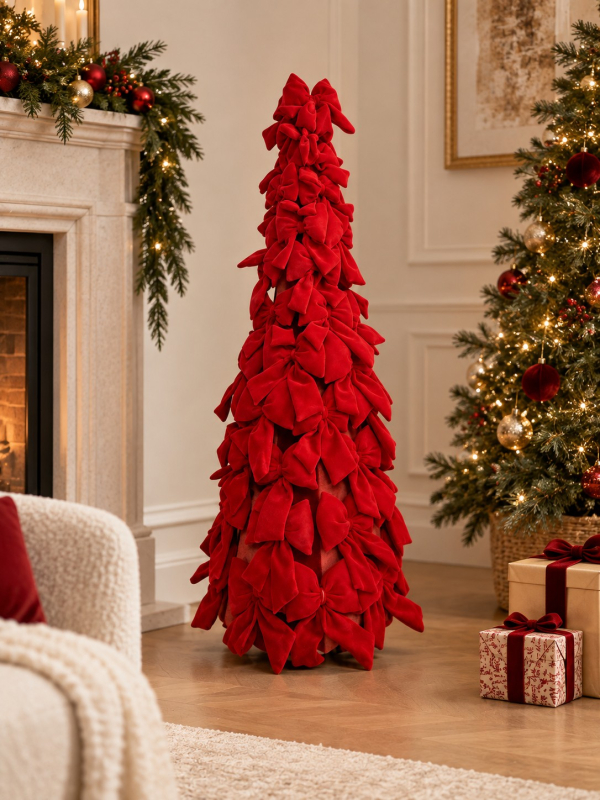Sapin de Noël nœuds velours rouges 120 cm – cône métal habillé de nœuds