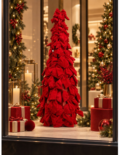 Sapin de Noël nœuds velours rouges 120 cm – cône métal habillé de nœuds 2