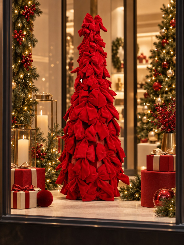 Sapin de Noël nœuds velours rouges 120 cm – cône métal habillé de nœuds