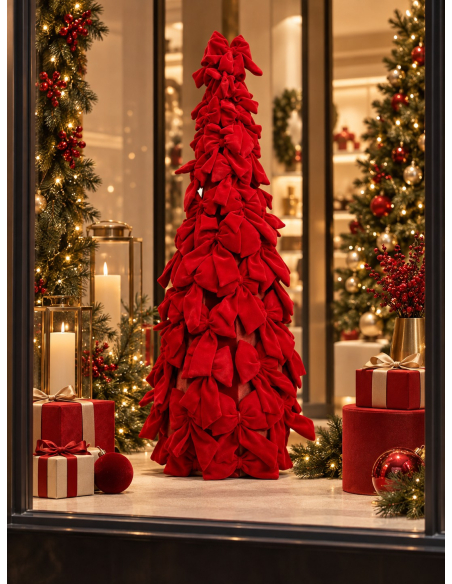 Sapin de Noël nœuds velours rouges 120 cm – cône métal habillé de nœuds
