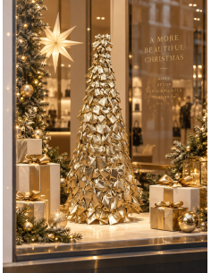 Sapin de Noël nœuds or brillant 120 cm – cône métal habillé de nœuds dorés