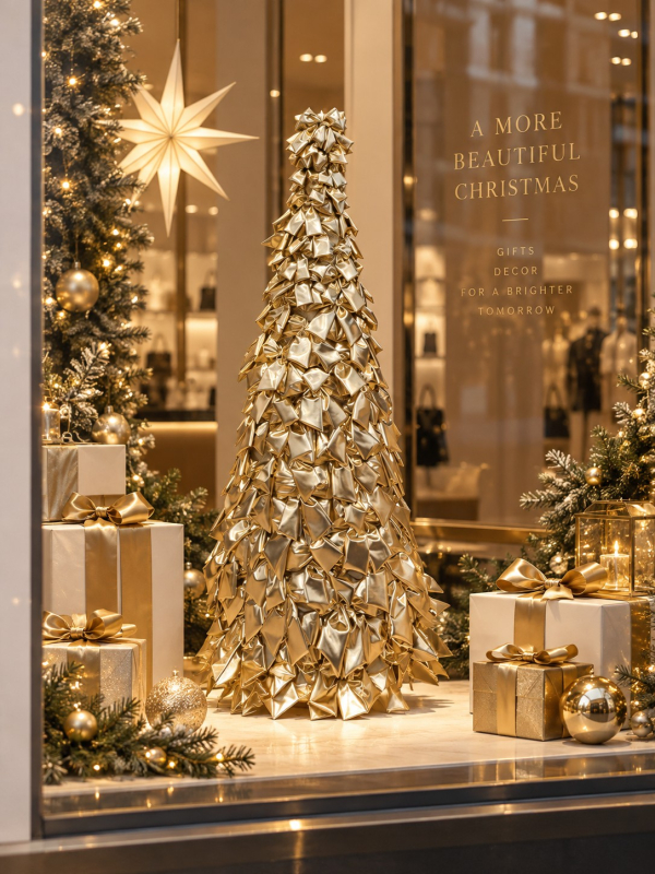 Sapin de Noël nœuds or brillant 120 cm – cône métal habillé de nœuds dorés