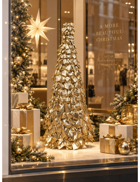 Sapin de Noël nœuds or brillant 120 cm – cône métal habillé de nœuds dorés