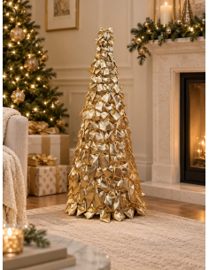 Sapin de Noël nœuds or brillant 120 cm – cône métal habillé de nœuds dorés 2