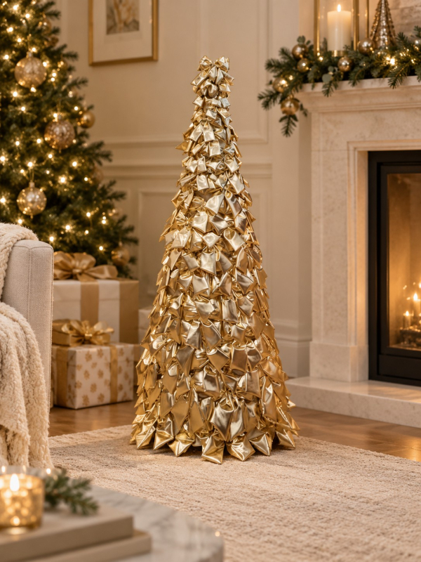 Sapin de Noël nœuds or brillant 120 cm – cône métal habillé de nœuds dorés