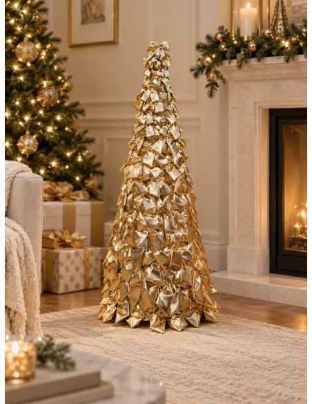 Sapin de Noël nœuds or brillant 120 cm – cône métal habillé de nœuds dorés