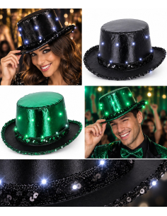 Chapeau haut-de-forme LED métallisé adulte – noir ou vert