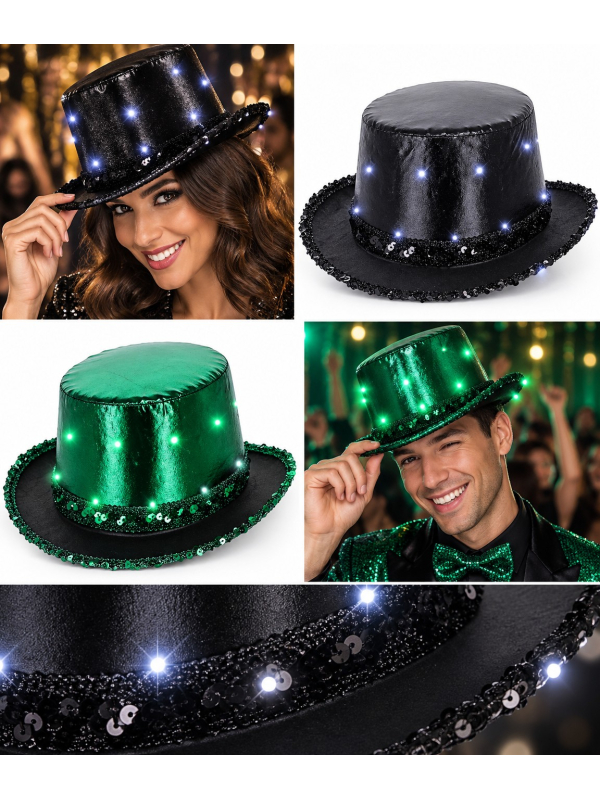 Chapeau haut-de-forme LED métallisé adulte – noir ou vert
