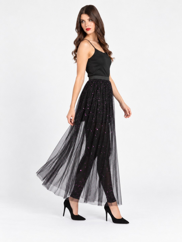 Jupe longue en tulle noir à sequins violets – festival & Halloween chic profil