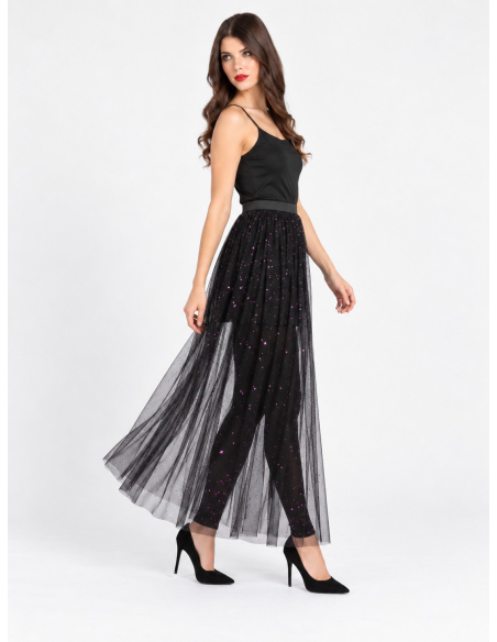 Jupe longue en tulle noir à sequins violets – festival & Halloween chic profil