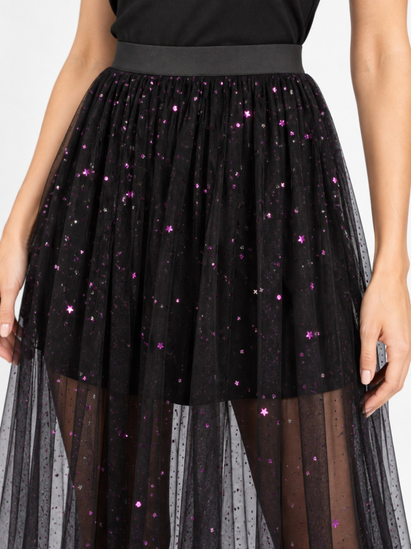 Jupe longue en tulle noir à sequins violets – festival & Halloween chic détail