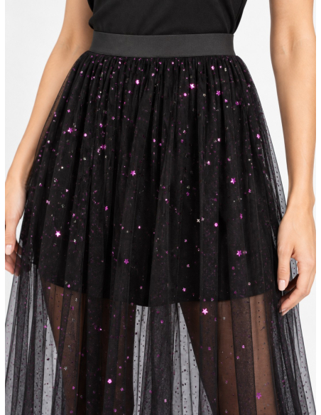 Jupe longue en tulle noir à sequins violets – festival & Halloween chic détail