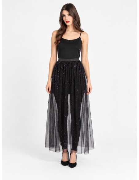 Jupe longue en tulle noir à sequins violets – festival & Halloween chic face