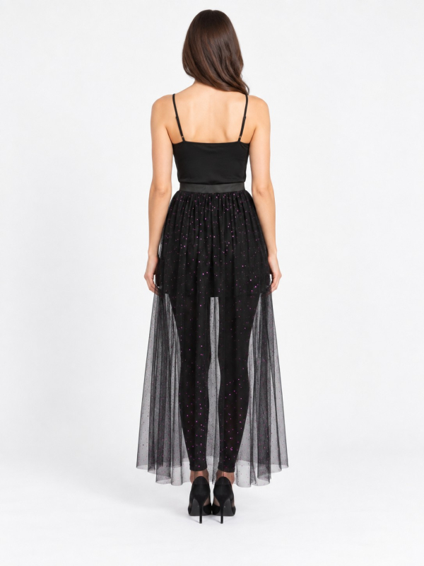 Jupe longue en tulle noir à sequins violets – festival & Halloween chic dos