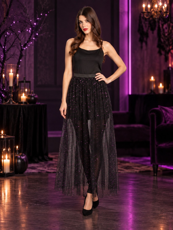 Jupe longue en tulle noir à sequins violets – festival & Halloween chic