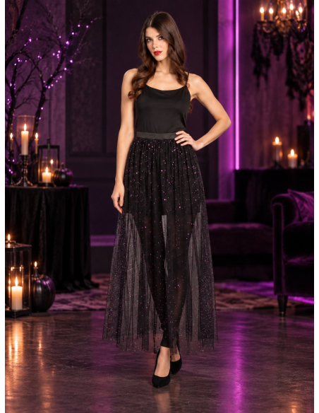 Jupe longue en tulle noir à sequins violets – festival & Halloween chic