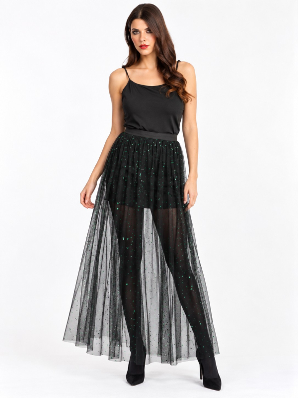 Jupe longue en tulle noir à sequins verts – festival & Halloween chic face