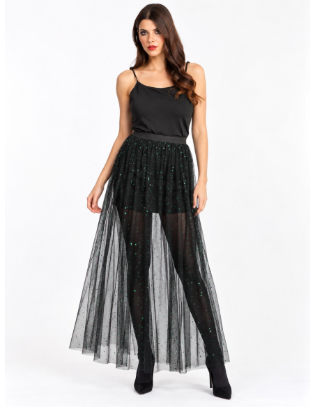 Jupe longue en tulle noir à sequins verts – festival & Halloween chic face