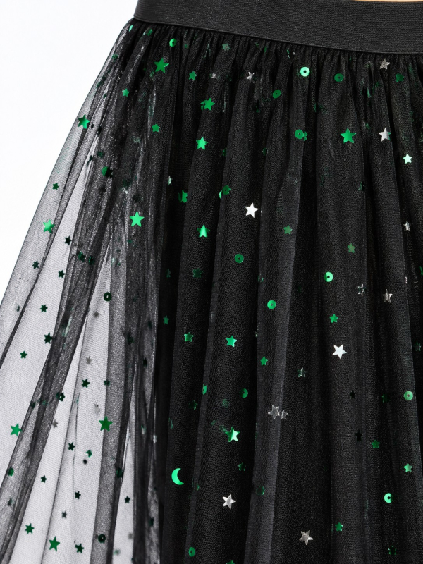 Jupe longue en tulle noir à sequins verts – festival & Halloween chic détail