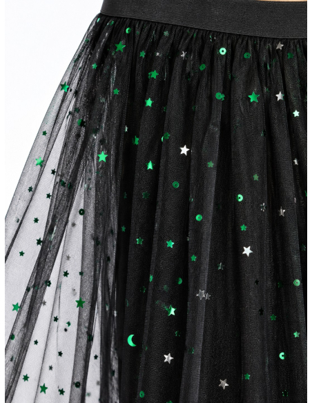 Jupe longue en tulle noir à sequins verts – festival & Halloween chic détail