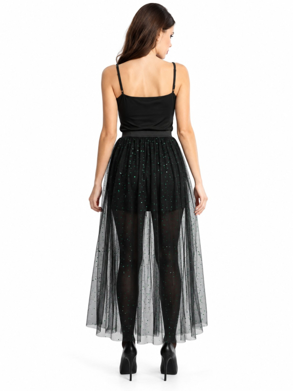 Jupe longue en tulle noir à sequins verts – festival & Halloween chic dos