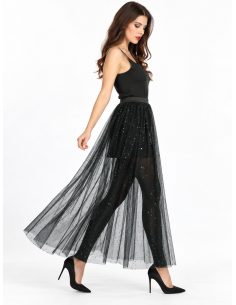 Jupe longue en tulle noir à sequins verts – festival & Halloween chic