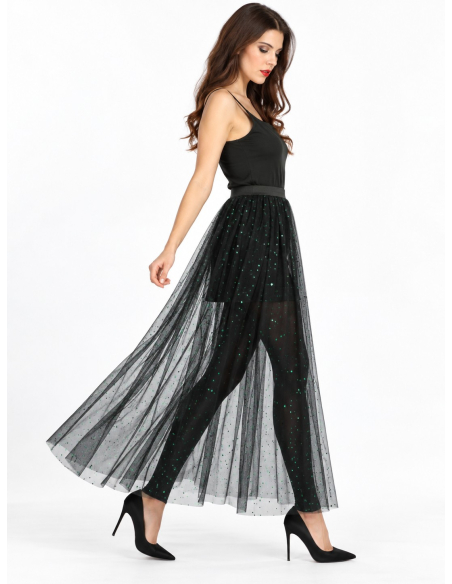 Jupe longue en tulle noir à sequins verts – festival & Halloween chic