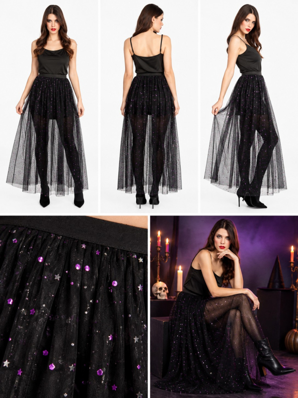 Jupe longue en tulle noir à sequins verts – festival & Halloween chic