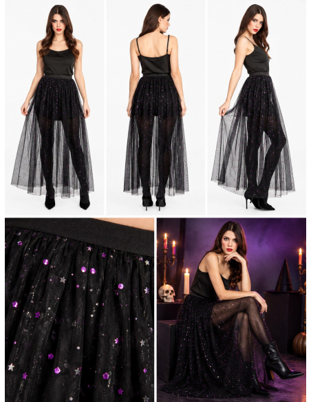 Jupe longue en tulle noir à sequins verts – festival & Halloween chic
