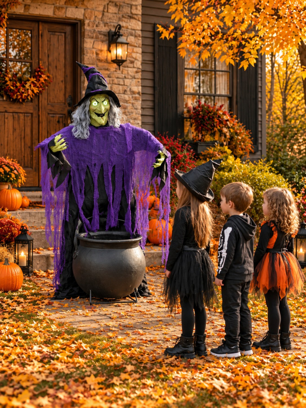Sorcière Animée Halloween avec Chaudron – Automate Son & Mouvement Effet Surprise