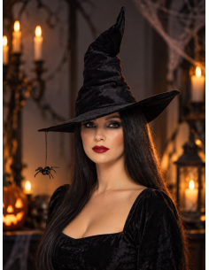 Chapeau de sorcière noir avec araignée suspendue – adulte