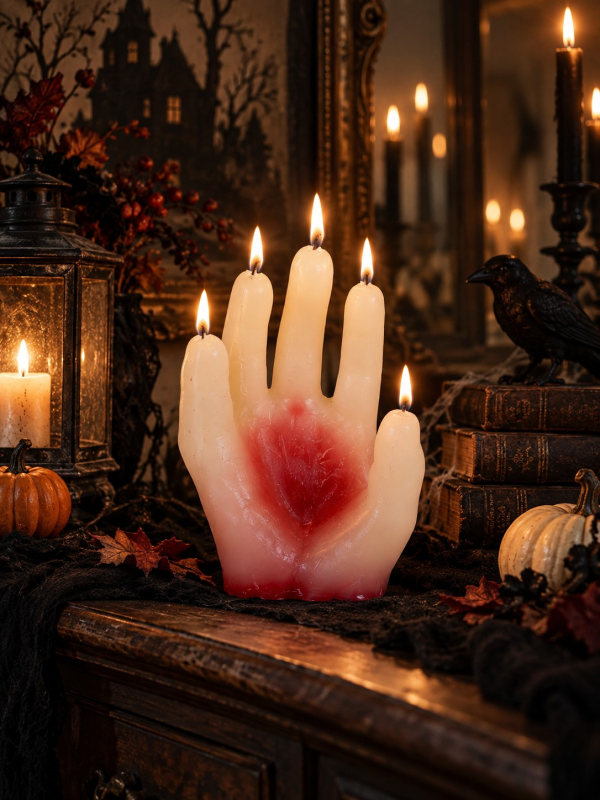 Bougie main ensanglantée Halloween 14 cm – 5 mèches